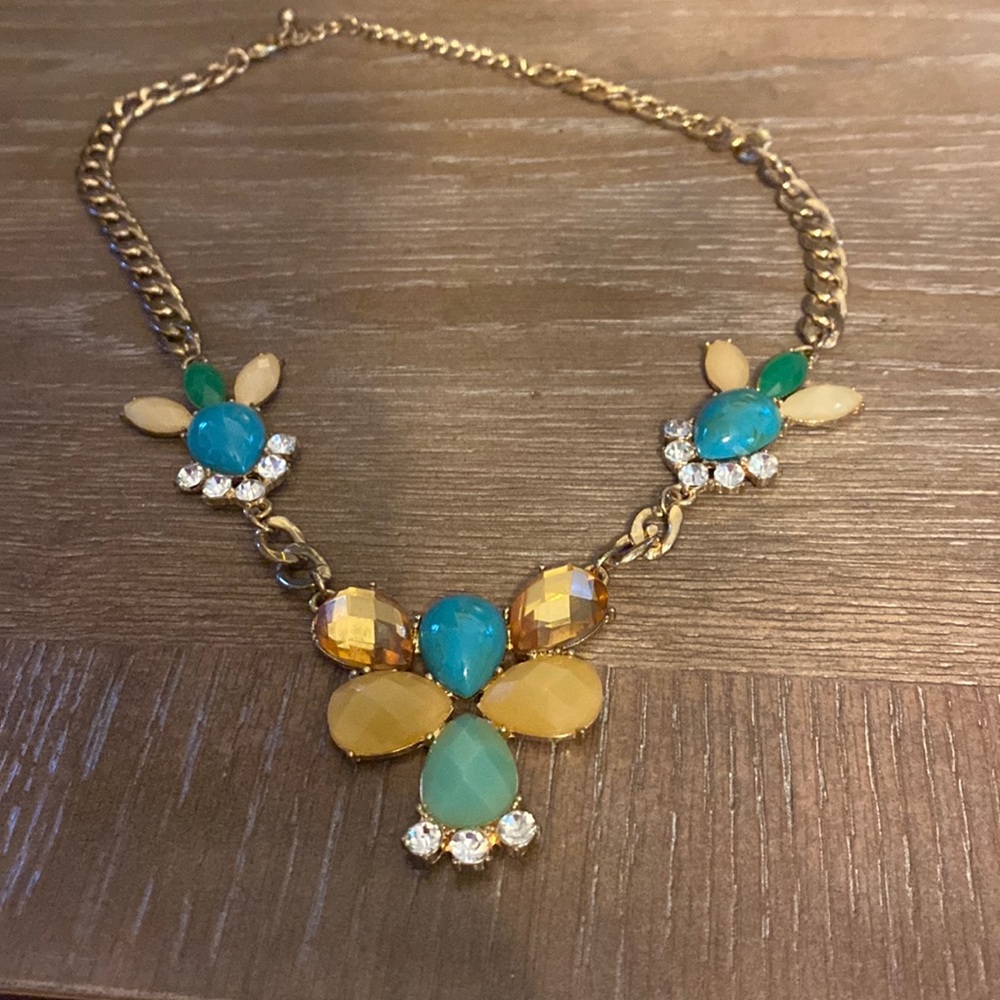 Gold and teal statement jewelry necklace. Statement necklace. Teal, gold, yellow